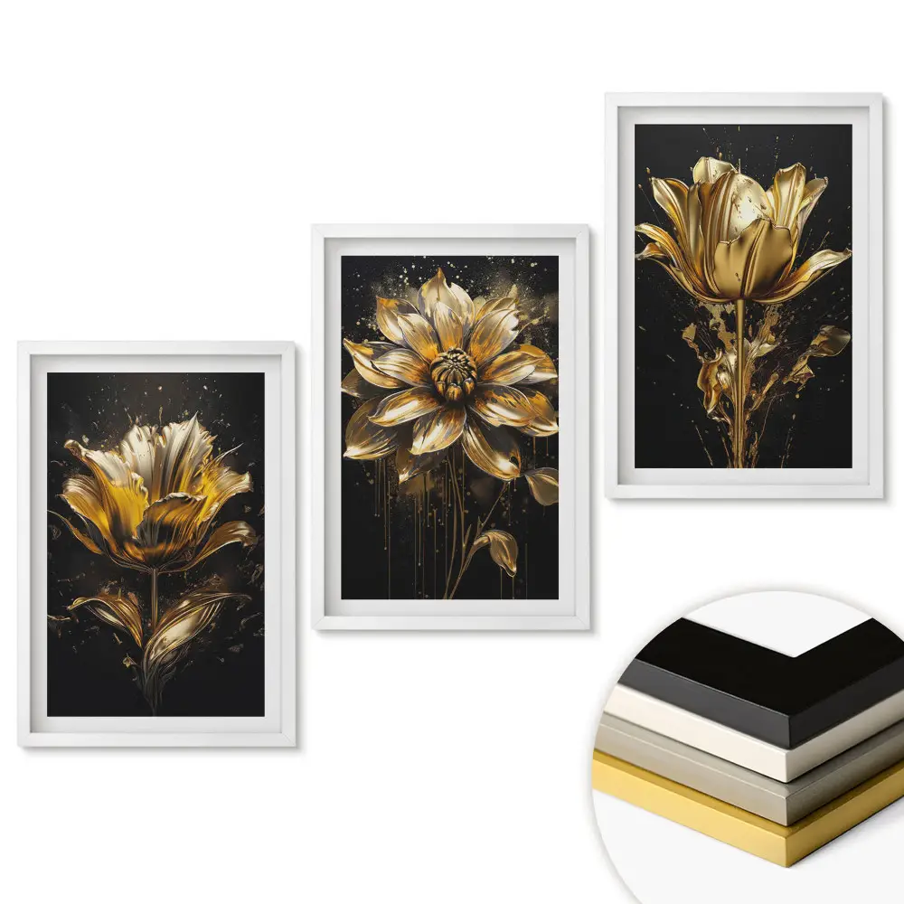 Set 3 tablouri living Flori aurii pe fundal negru