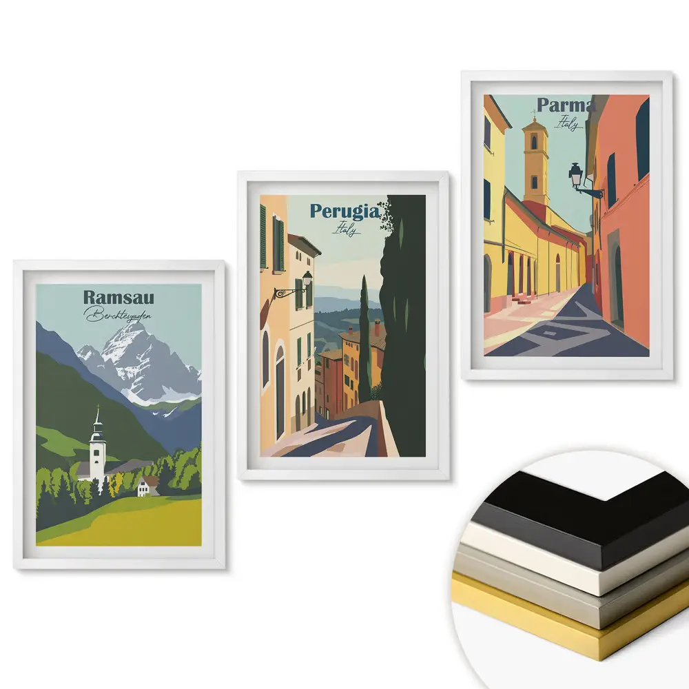 Set de tablouri pentru living Orașe pitorești ale Europei în grafică