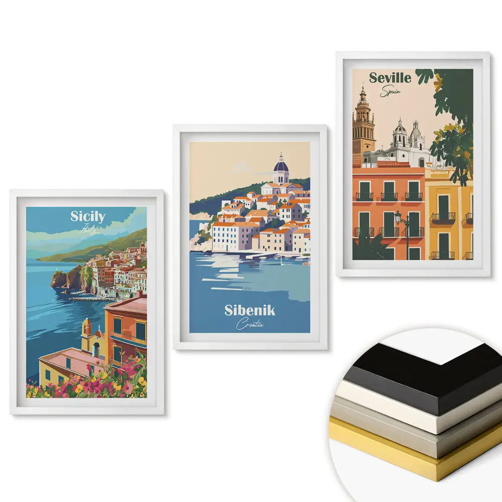 Set 3 tablouri living Locuri fermecătoare din Europa în ilustrații