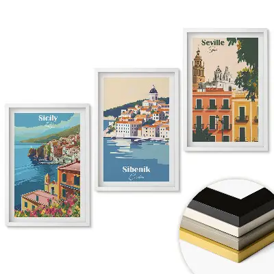Set 3 tablouri living Locuri fermecătoare din Europa în ilustrații