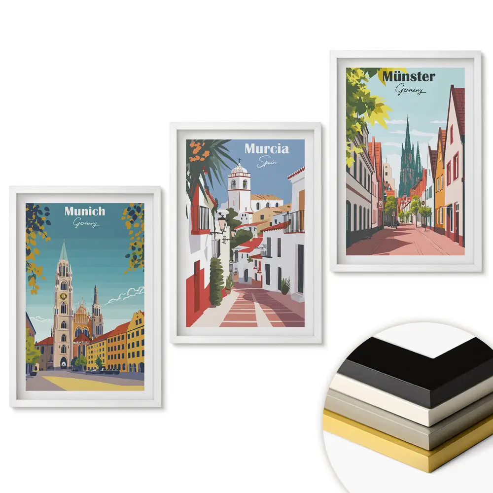Set 3 tablouri living Orașe europene în grafică colorată