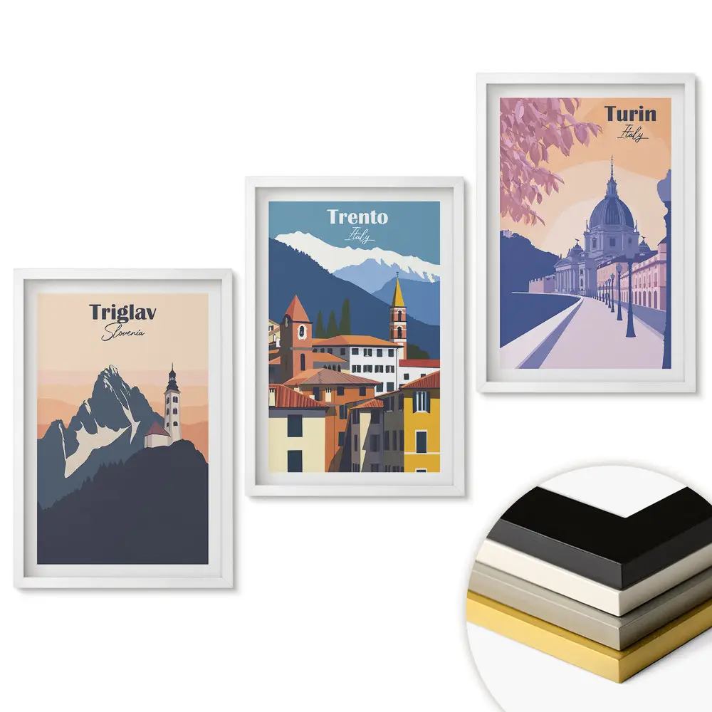 Set de 3 tablouri pentru living cu peisaje europene Triglav, Trento și Torino