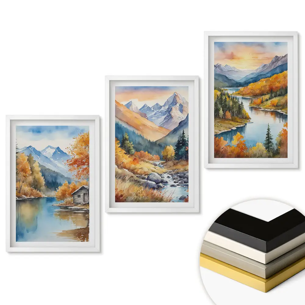 Set 3 tablouri living Peisaje montane de toamnă în acuarelă