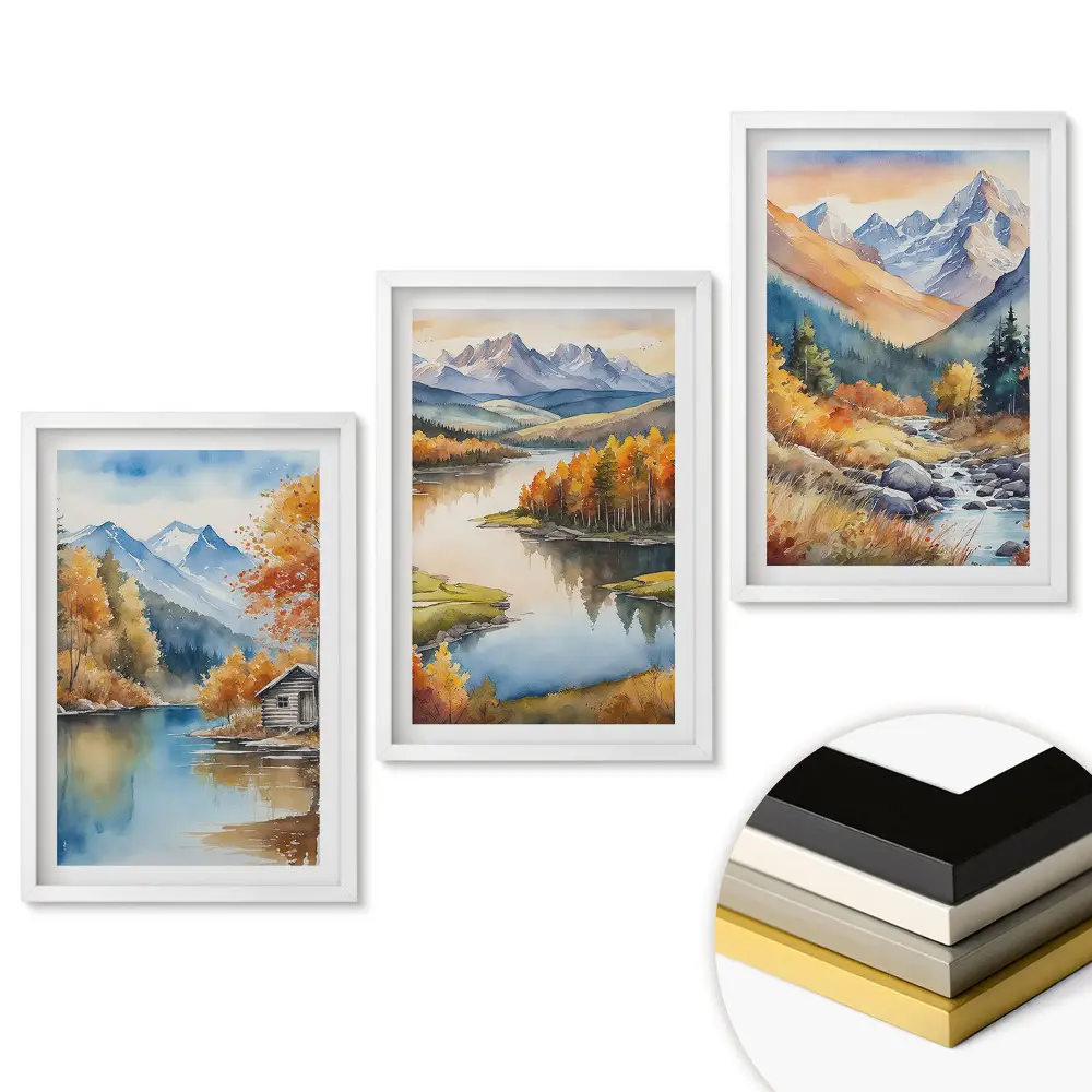 Set de tablouri pentru living cu peisaje montane de toamnă lângă apă