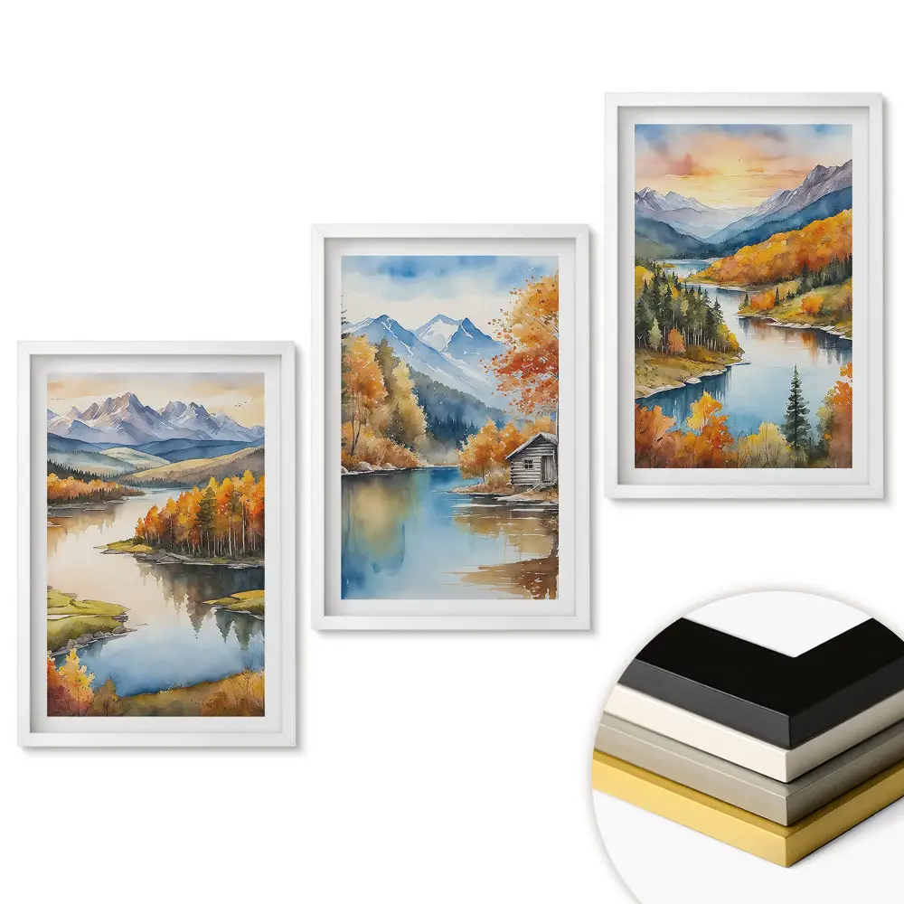 Set 3 tablouri living Peisaje montane și acvatice de toamnă
