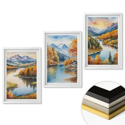 Set 3 tablouri living Peisaje montane și acvatice de toamnă