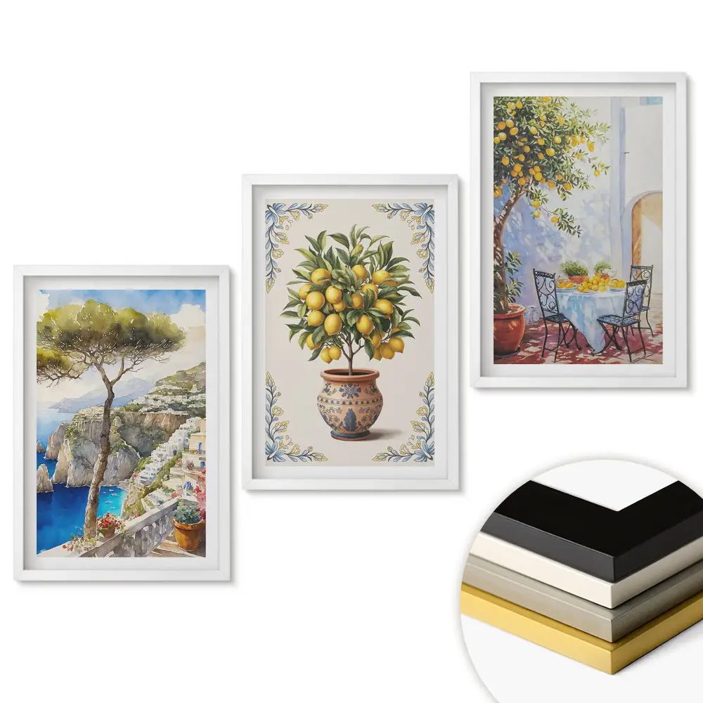 Set de 3 tablouri pentru living cu peisaje și fructe în stil însorit