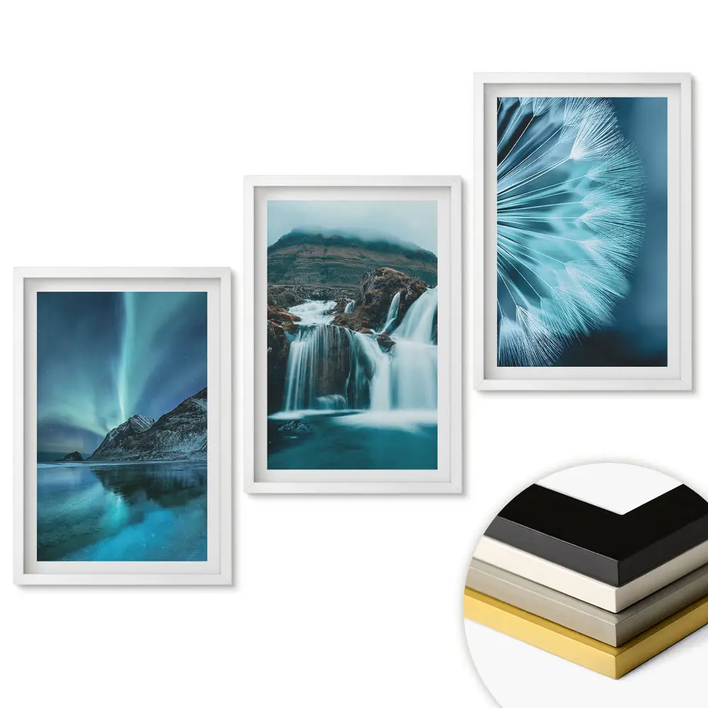 Set 3 tablouri pentru living cu peisaje de vis în nuanțe de albastru