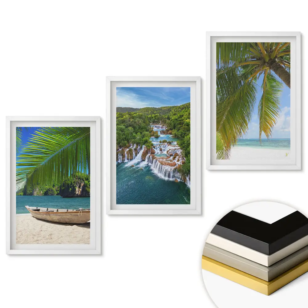 Set de trei tablouri pentru living cu peisaje tropicale