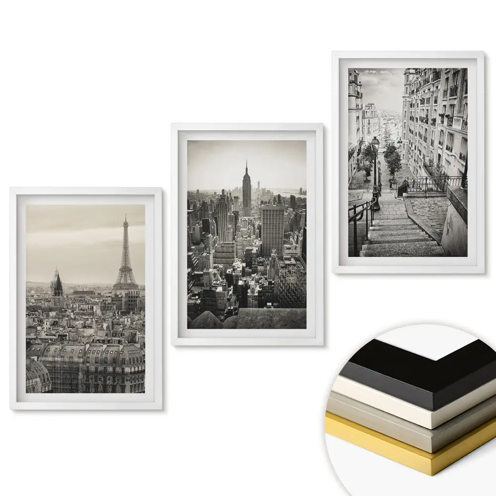 Set 3 tablouri living Peisaje urbane în nuanțe de gri