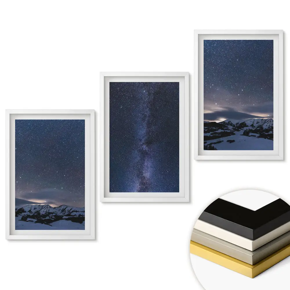 Set de 3 tablouri pentru living cu peisaj montan sub cerul nopții