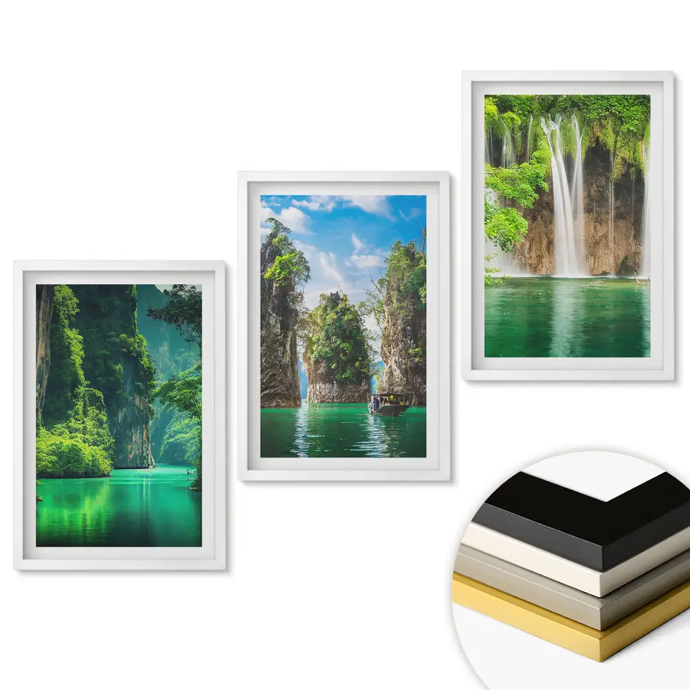 Set de tablouri pentru living cu peisaje tropicale reprezentând cascade și stânci