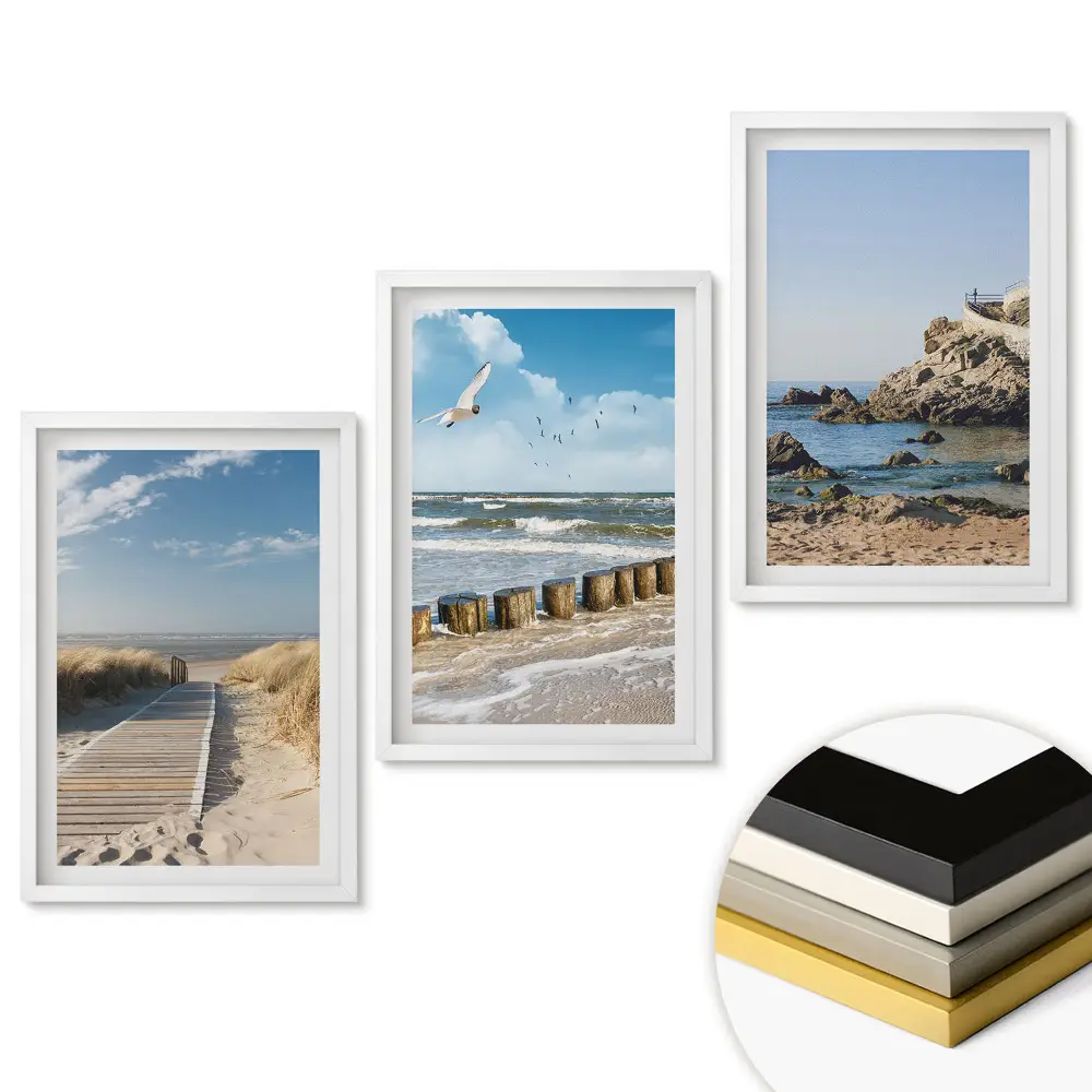 Set de trei tablouri pentru living cu peisaje de coastă