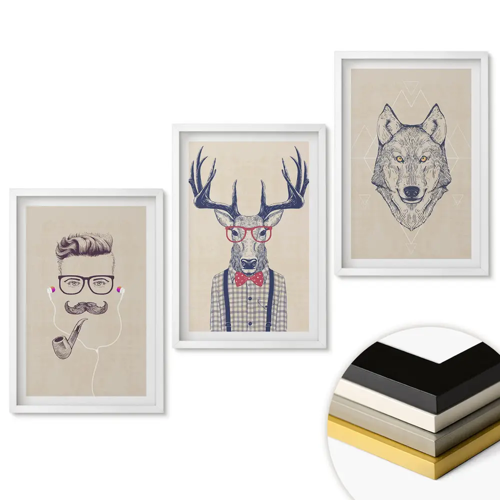 Set de 3 tablouri pentru living cu ilustrații de animale și oameni stilați