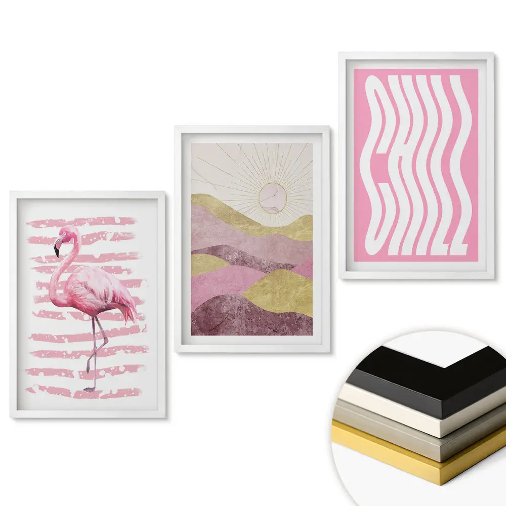 Set 3 tablouri pentru living cu accente roz în stil modern