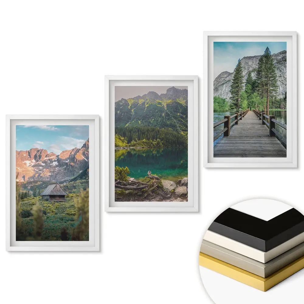 Set 3 tablouri pentru living cu peisaje pitorești de munte și pădure
