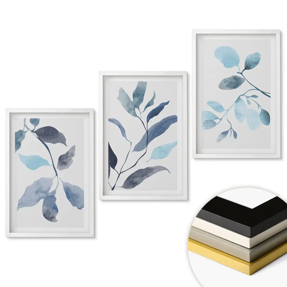 Set tablouri living Frunze delicate în nuanțe de albastru