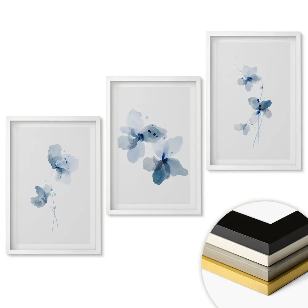 Set 3 tablouri living Acuarele florale în nuanțe de albastru
