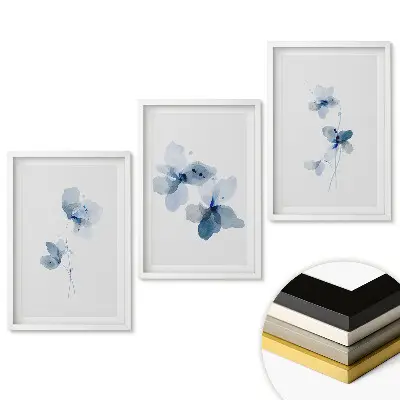 Set 3 tablouri living Acuarele florale în nuanțe de albastru