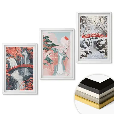 Set 3 tablouri pentru living cu peisaj pitoresc cu cascade și poduri