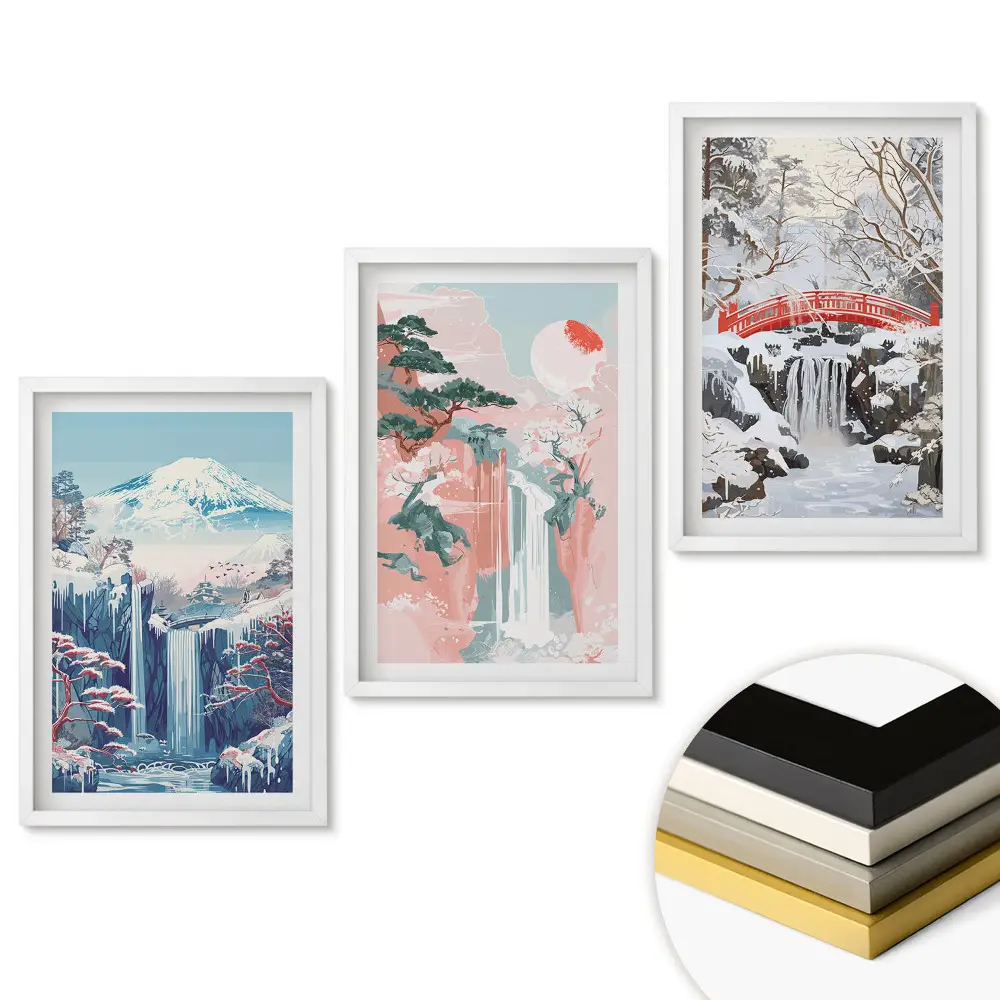 Set 3 tablouri pentru living cu peisaje de iarnă cu cascade