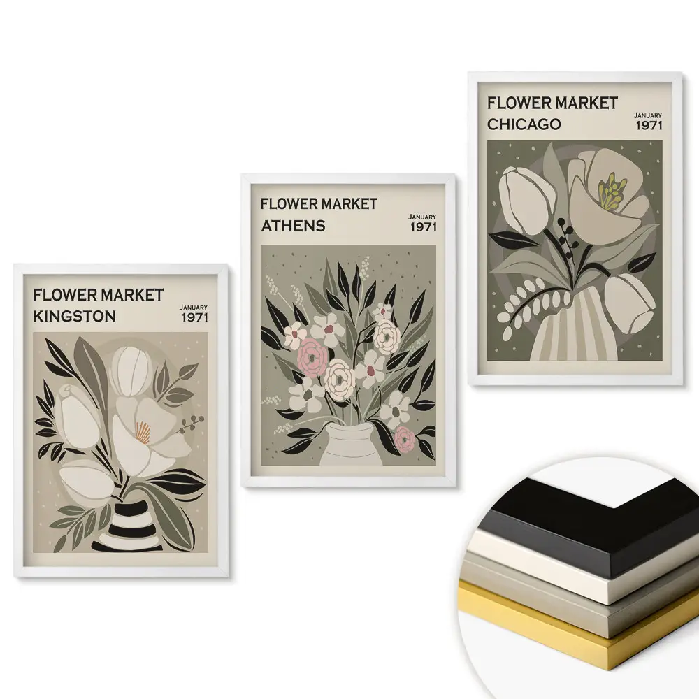 Set 3 tablouri pentru living cu piețe de flori din diferite orașe