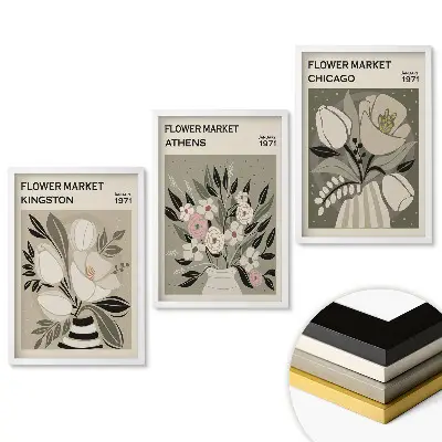 Set 3 tablouri living Piețe de flori în diferite orașe