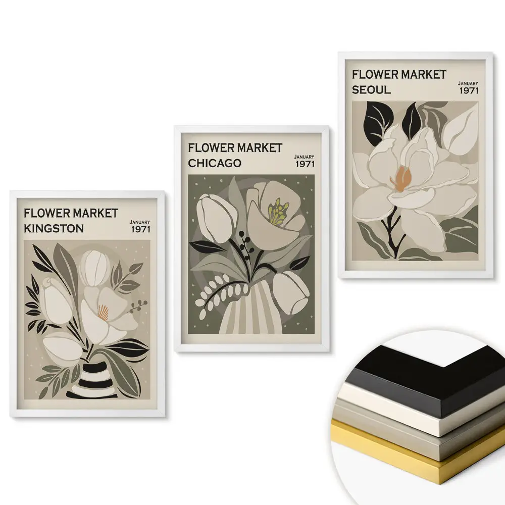 Set 3 tablouri living Piețe de flori din diferite orașe
