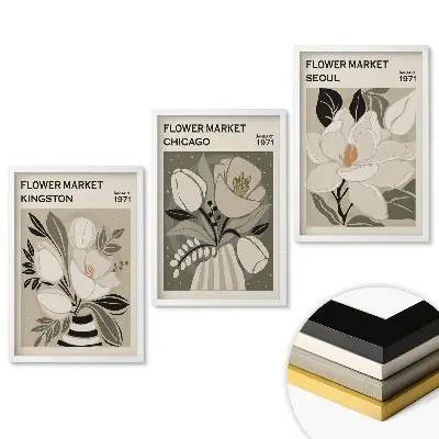Set de 3 tablouri pentru living cu piețe de flori din diferite orașe