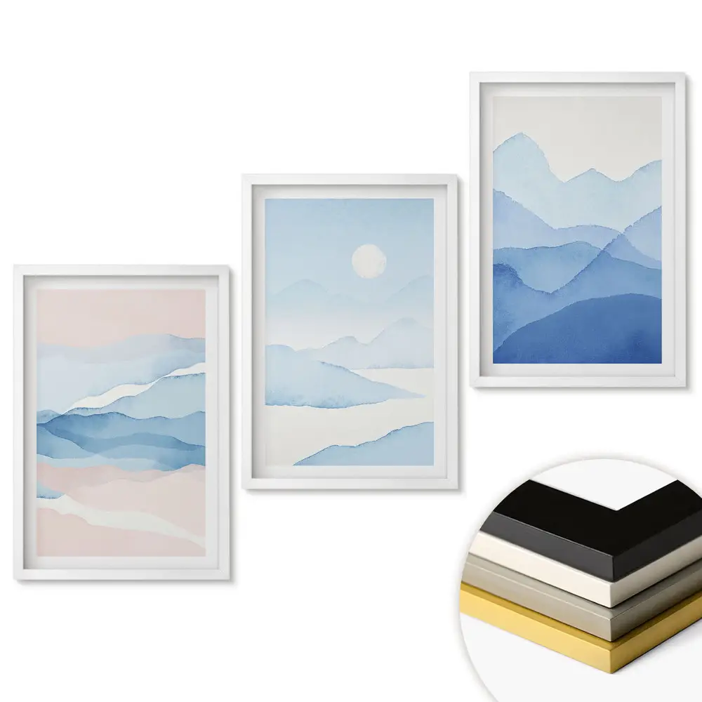 Set de tablouri pentru living cu peisaje abstracte în nuanțe de albastru
