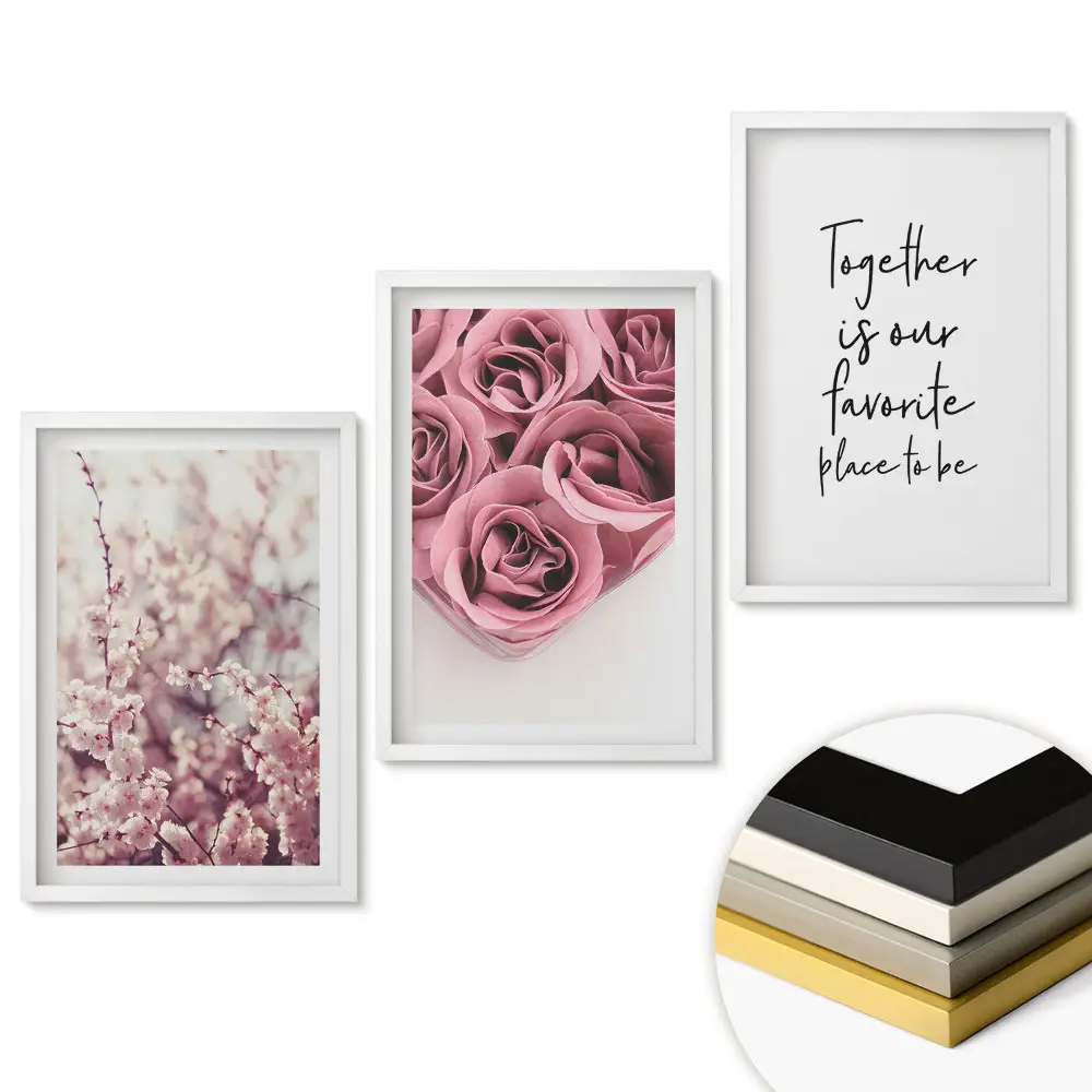 Set 3 tablouri pentru living cu design floral și dragoste