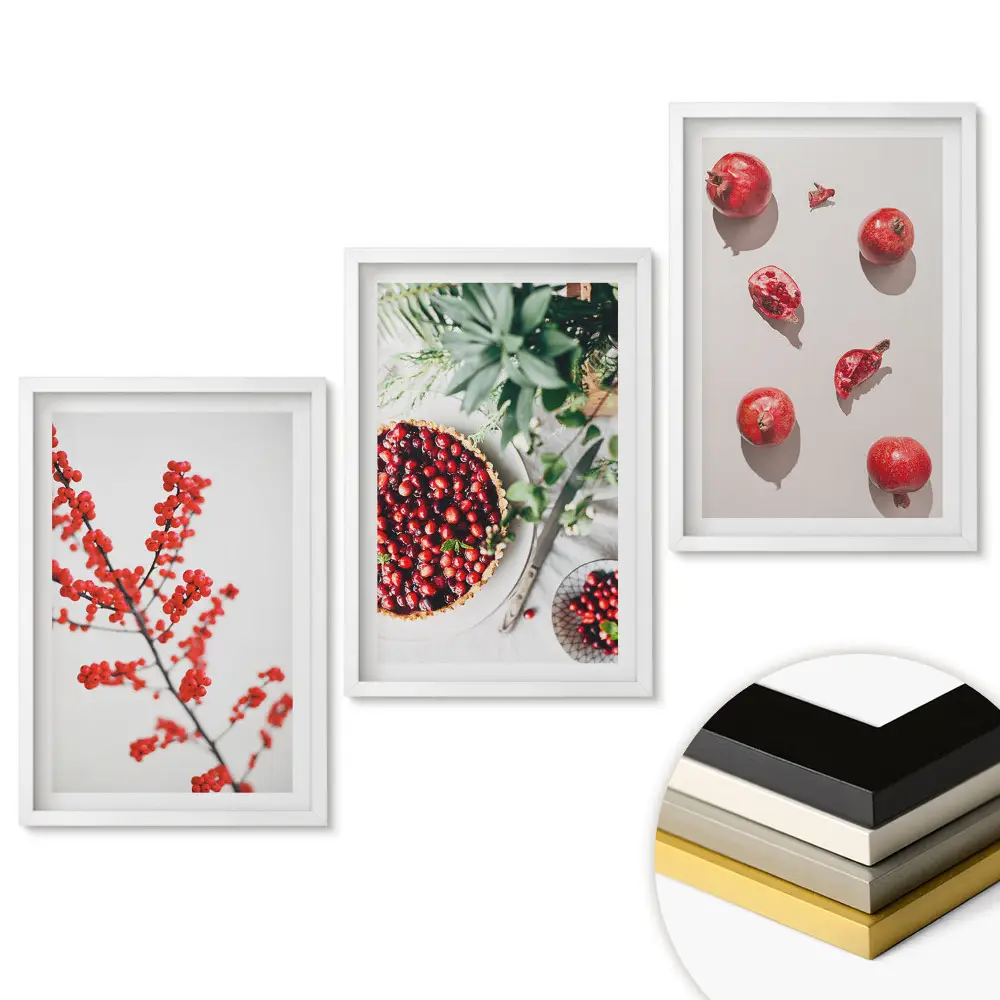 Set de 3 tablouri pentru living cu fructe și plante roșii în detaliu