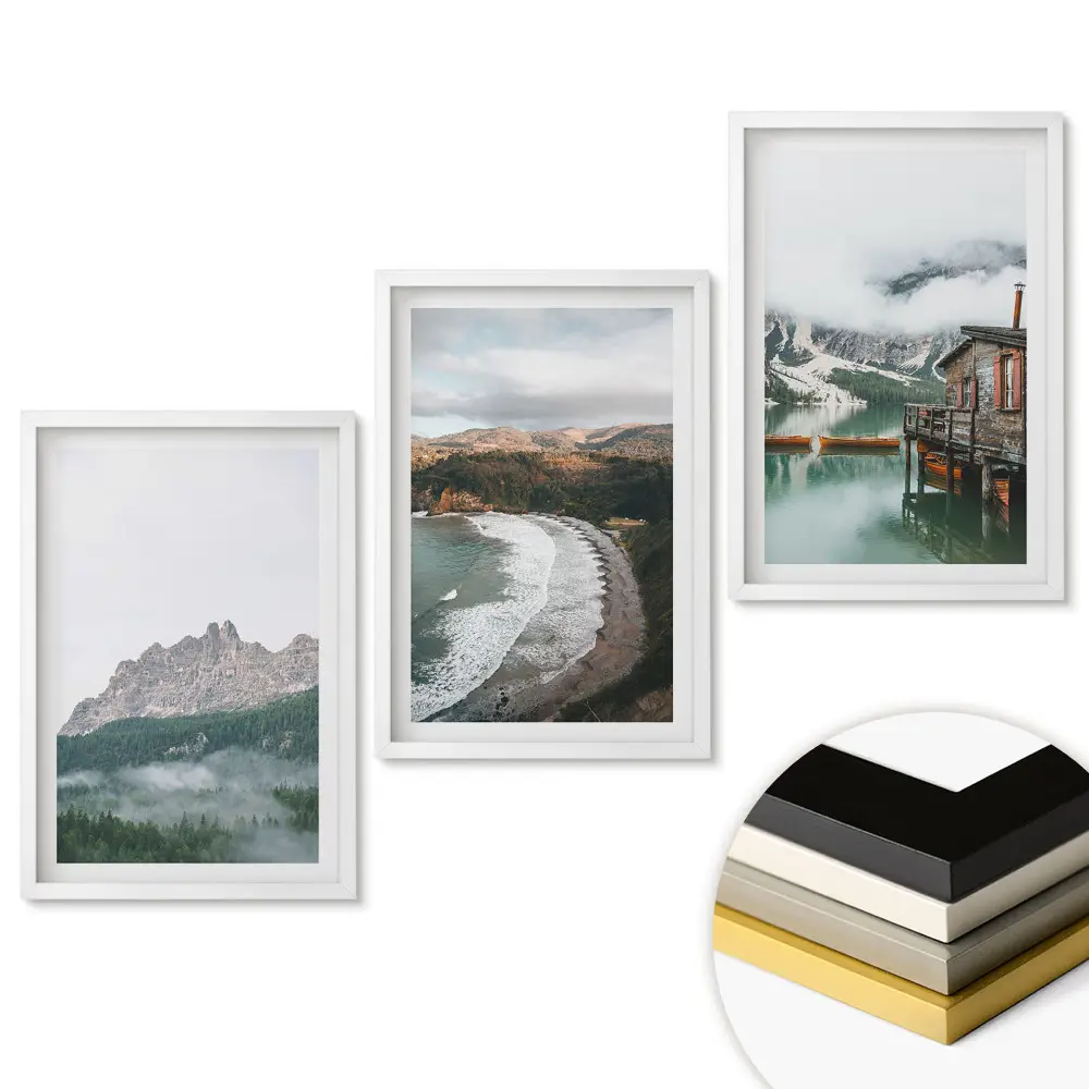 Set 3 tablouri pentru living cu peisaje pitorești de munte și de coastă