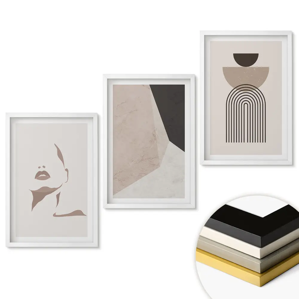 Set de 3 tablouri pentru living cu forme abstracte și linii minimaliste