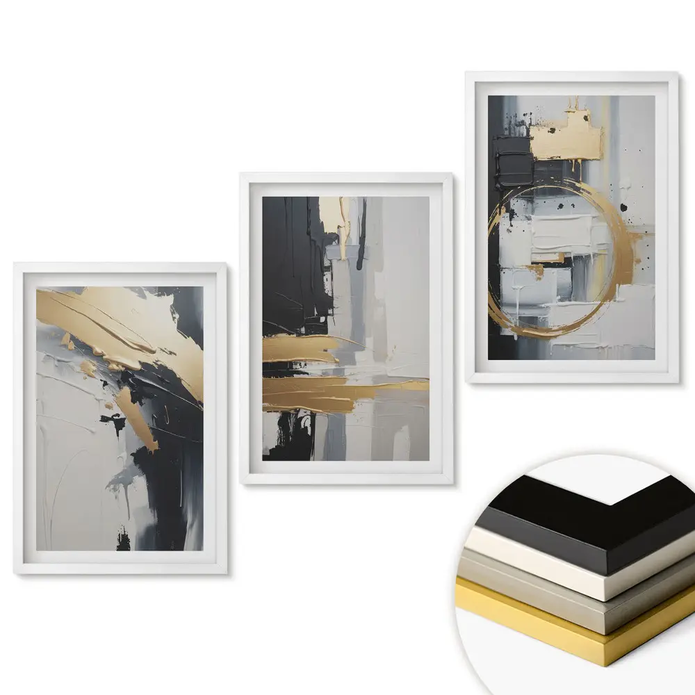 Set de 3 tablouri pentru living cu compoziții abstracte în nuanțe de gri