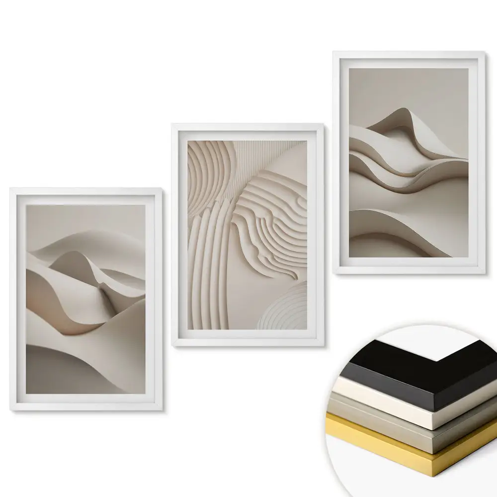 Set 3 tablouri pentru living cu unde și structuri 3D abstracte