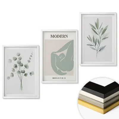 Set de 3 tablouri pentru living cu grafică elegantă de plante în culori pastelate