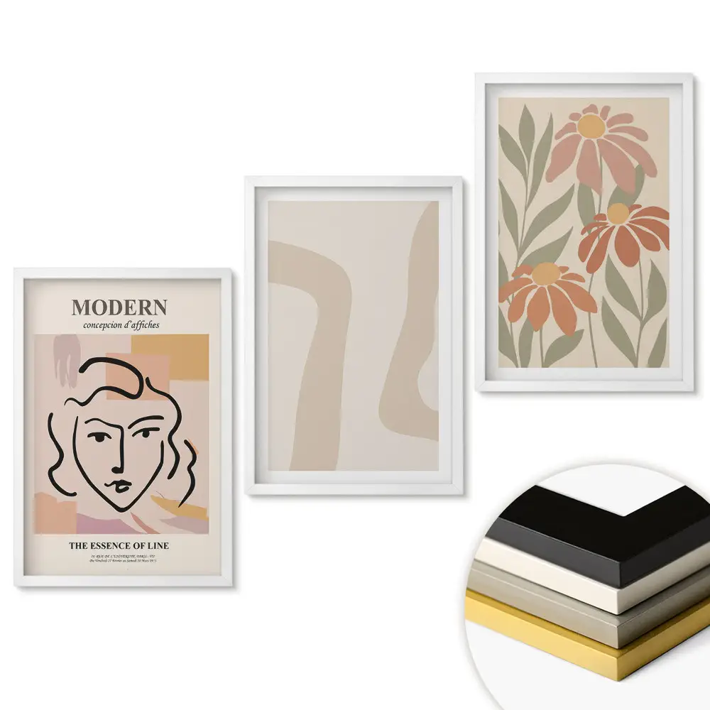 Set 3 tablouri pentru living cu grafică modernă reprezentând flori și linii