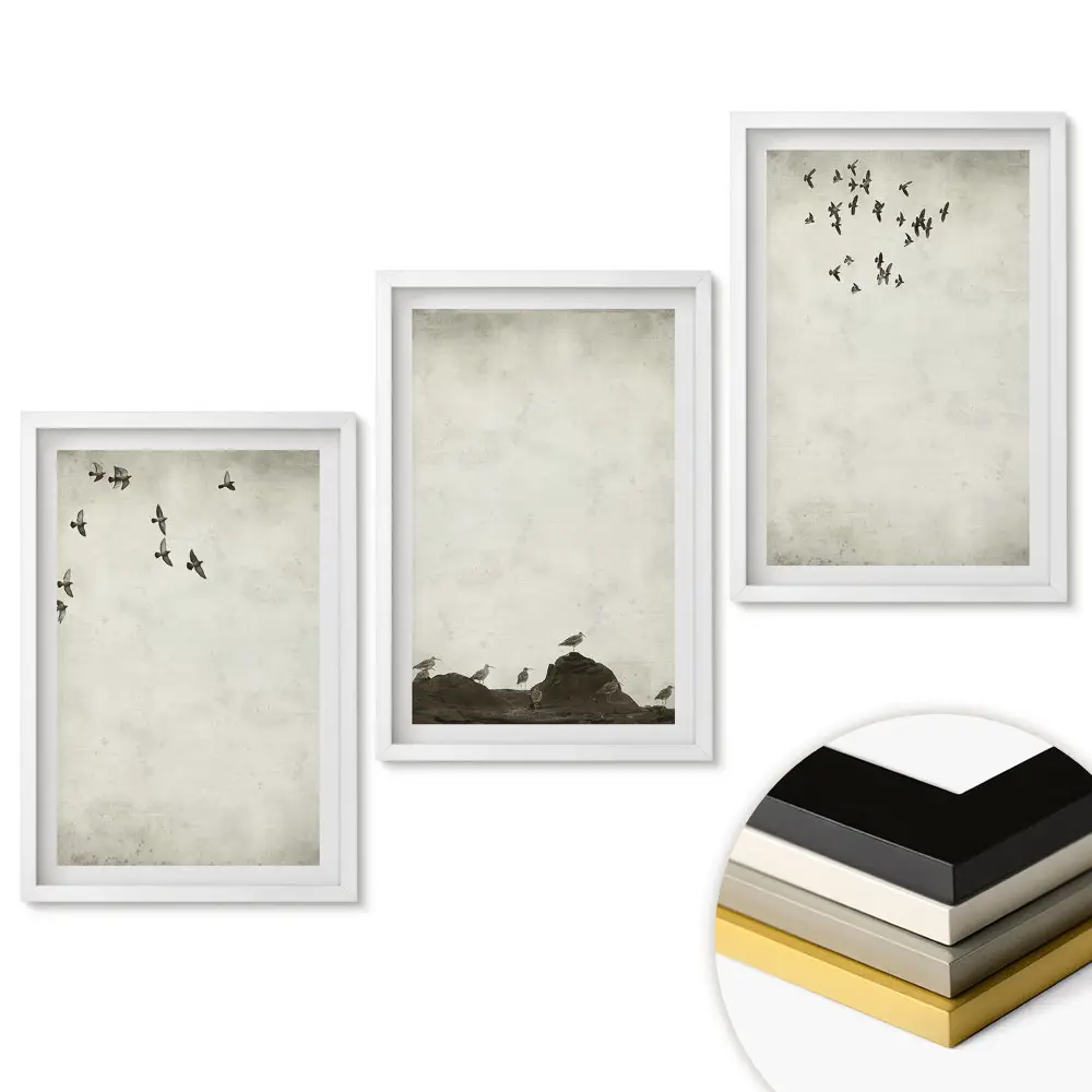 Set 3 tablouri pentru living cu peisaj și păsări în zbor