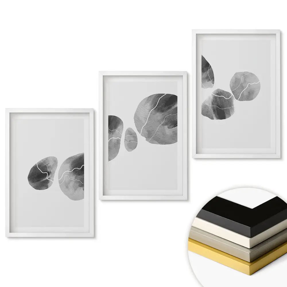 Set de 3 tablouri pentru living cu frunze abstracte în nuanțe de gri