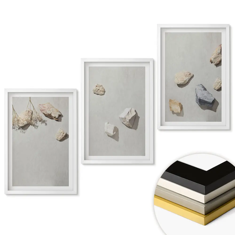 Set de 3 tablouri pentru living cu design de pietre și plante