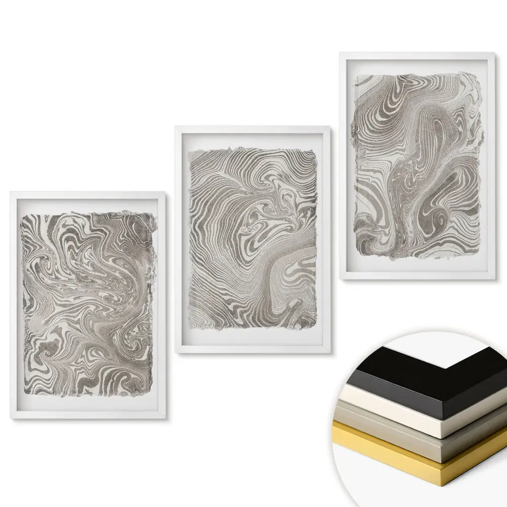 Set 3 tablouri pentru living cu model abstract de valuri în nuanțe de gri