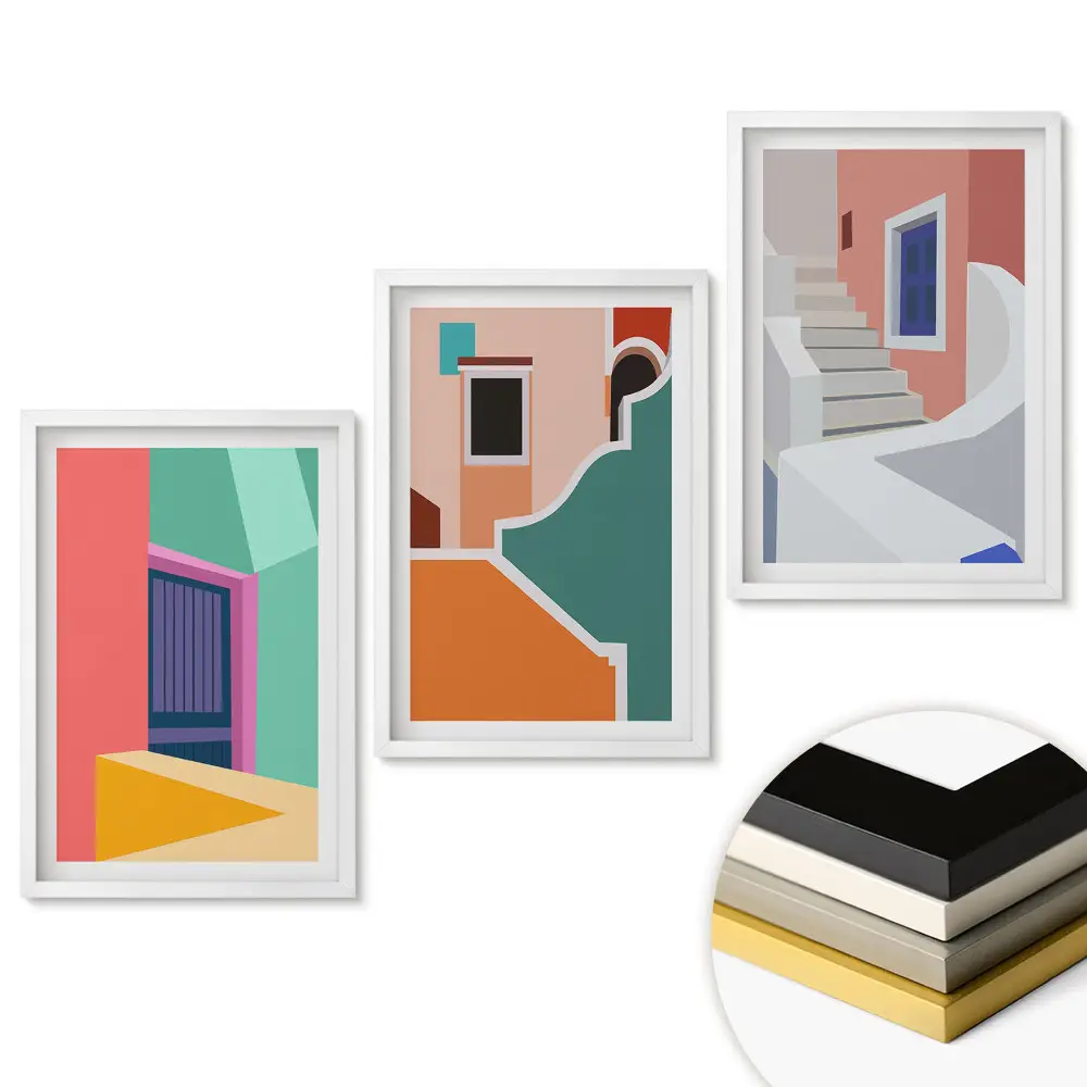 Set de tablouri pentru living cu compoziții arhitecturale geometrice colorate
