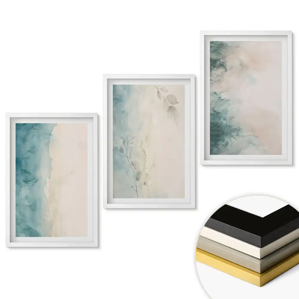 Set de 3 tablouri pentru living cu acuarele abstracte în culori delicate