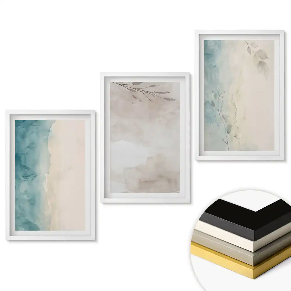 Set de 3 tablouri pentru living cu acuarele abstracte în culori delicate