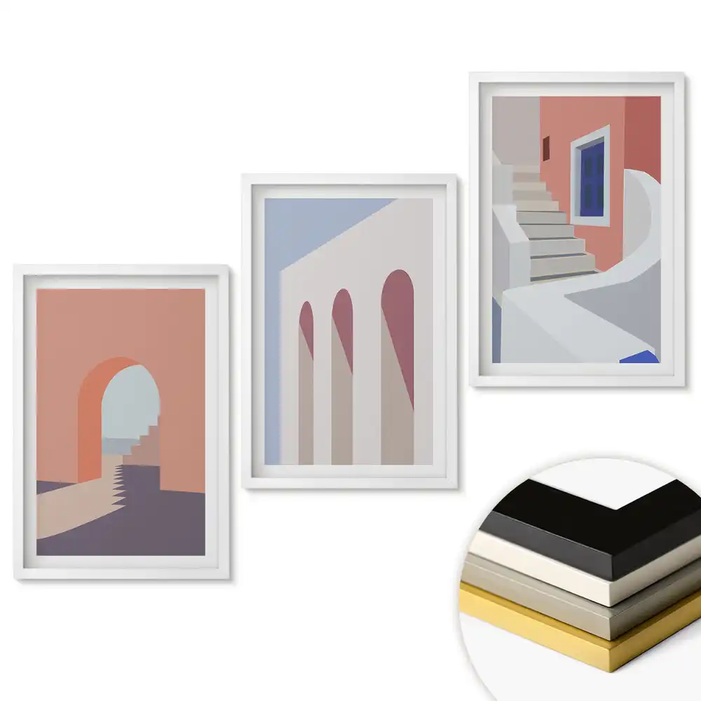 Set de tablouri pentru living cu compoziții arhitecturale abstracte colorate