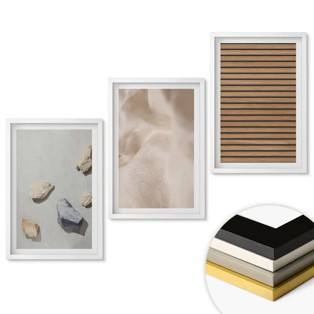 Set de 3 tablouri pentru living cu texturi și materiale naturale