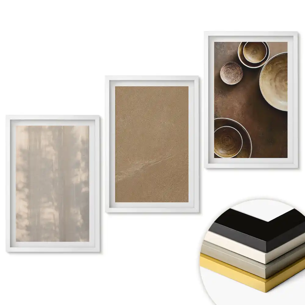Set de tablouri pentru living cu compoziții minimaliste cu farfurii și texturi