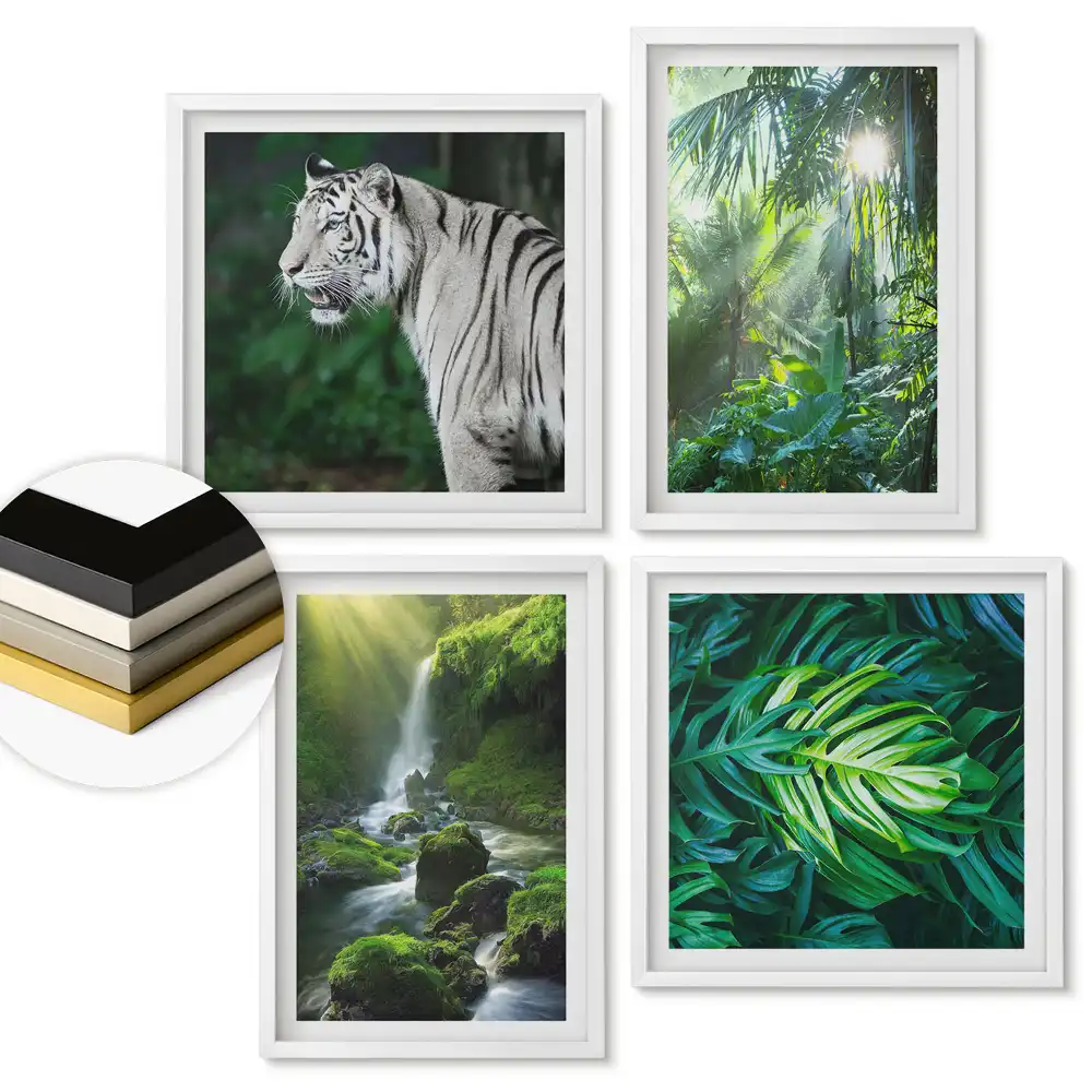 Set de 4 tablouri înrămate Jungla verde și locuitorii ei