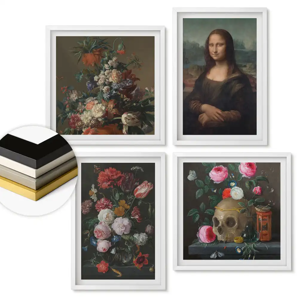 Set de tablouri înrămate cu motive florale, cranii și artă abstractă